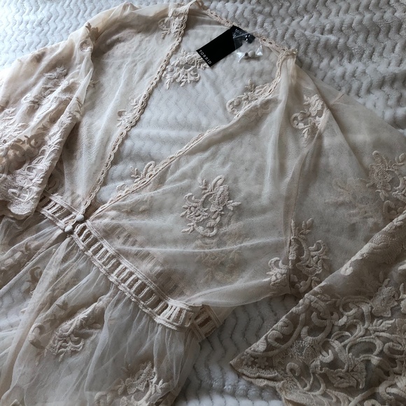 Torrid Women’s Plus Size Ivory Mesh Embroidered Duster Kimono - Picture 10 of 14